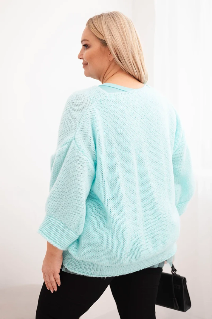 Damen-Set mit V-Ausschnitt-Pullover und Viskosebluse mit Spitzenboden mintgrün