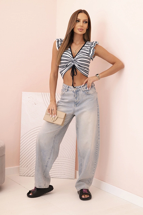 Women's ribbed blouse with gathering and ruffle navy