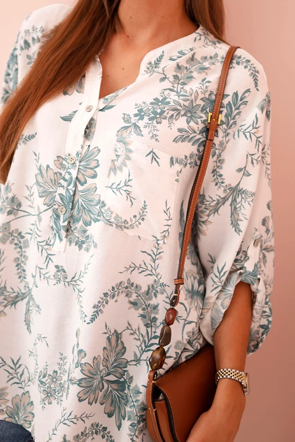 Women's V-neck shirt with a floral pattern dark mint