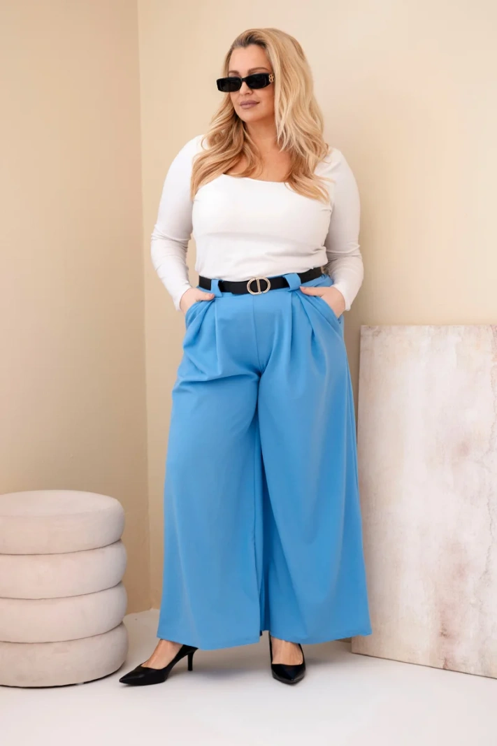 Moteriškos Plus Size vizkosinės kelnės su plačiomis kojomis ir diržu mėlynos