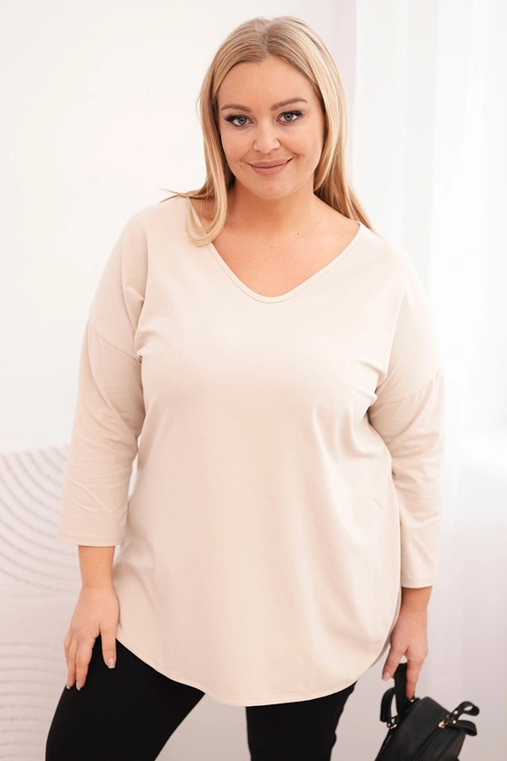 Dámska bavlnená blúzka Plus Size s výstrihom do V a podhnutým rukávom béžová