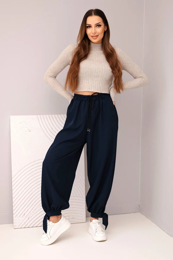 Women's pants with wide legs and ties at the bottom navy blue