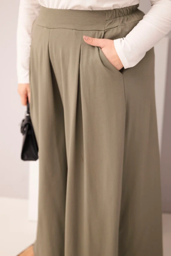 Dámské bavlněné kalhoty Plus Size s širokými nohavicemi a volným střihem khaki