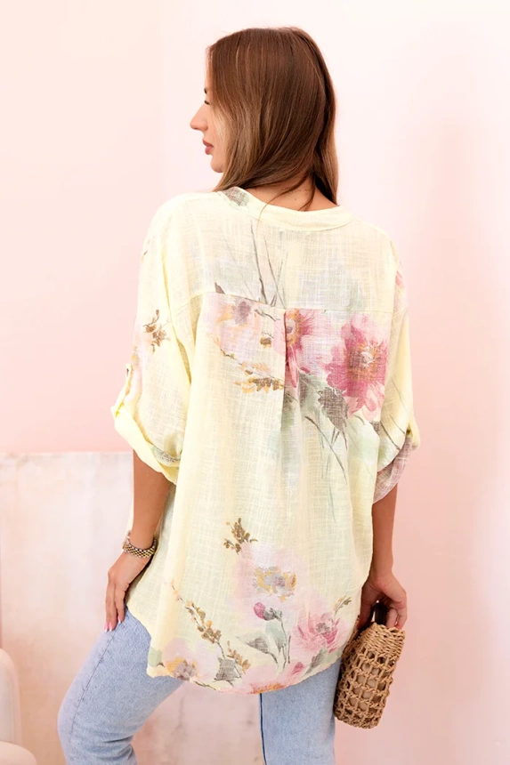 Women's cotton blouse with a floral pattern and buttons yellow