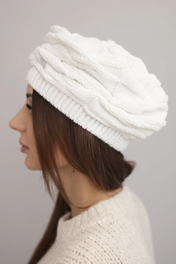 Women's winter hat with decorative weave and crystals K398 white