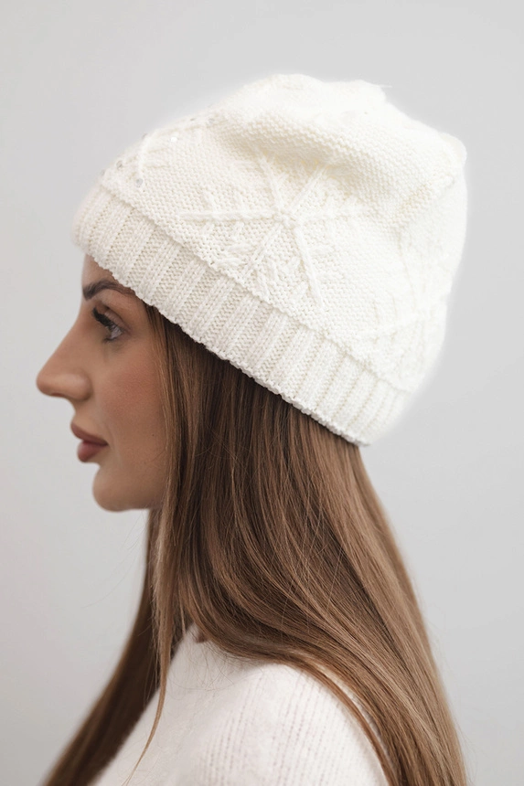 Women's winter hat with wool and decorative pattern with pearls K470 ecru