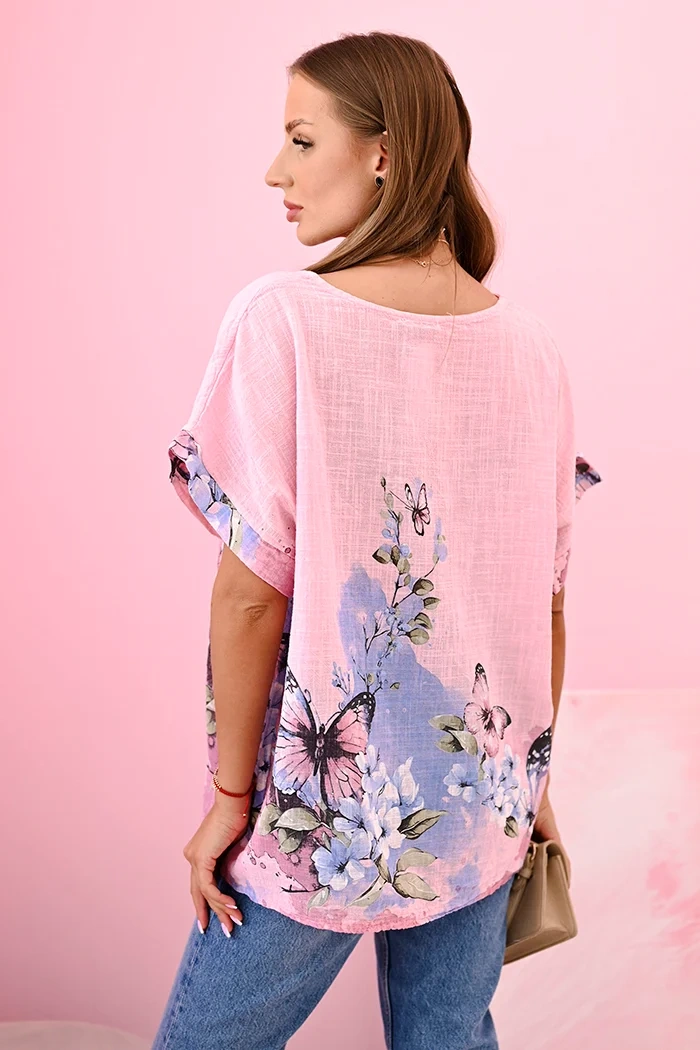 Women's cotton shirt with butterflies and flowers candy pink