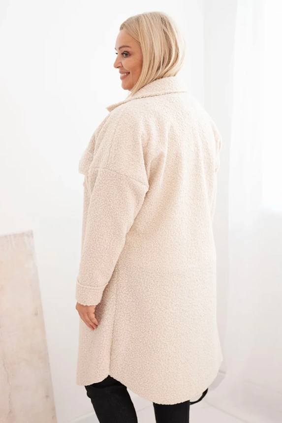 Dámský kabát Plus Size s vlnou na knoflíky s kapsami a límcem světlé béžové