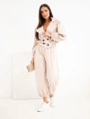 Women's cotton set with collar and jogger pants beige