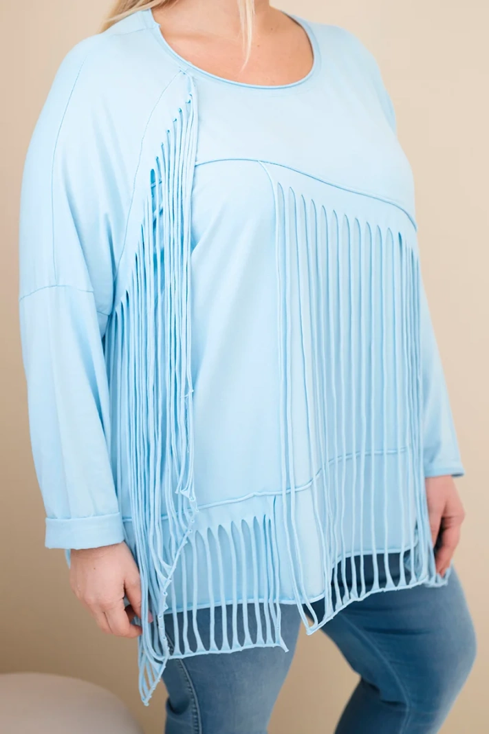 Plus Size cotton women's blouse with fringes blue