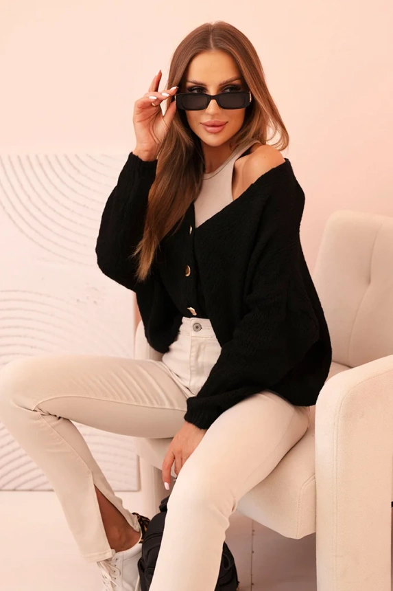 Sweter damski z dekoltem V i guzikami czarny