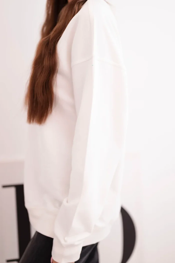 Women's looped cotton sweatshirt with a hood and kangaroo pocket white