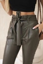 Leather trousers with a tie at the front khaki