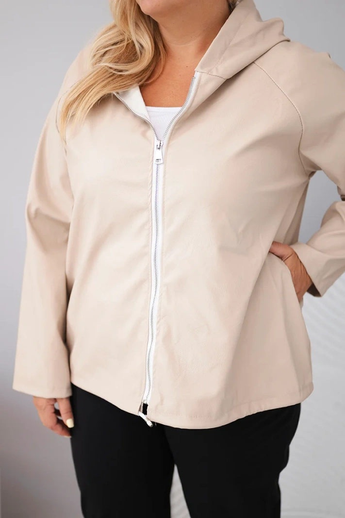 Kurtka damska Plus Size z kapturem i regulowanym dołem beżowa