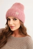 Women's winter hat made of fluffy knit with an elegant button dark pink