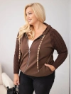 Dámska bavlnená mikina Plus Size so pletenými rukávmi a kapucňou hnedá