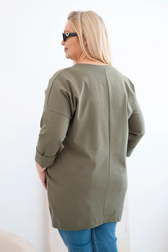 Dámská blůza Plus Size s delším zadním dílem a dlouhým rukávem khaki