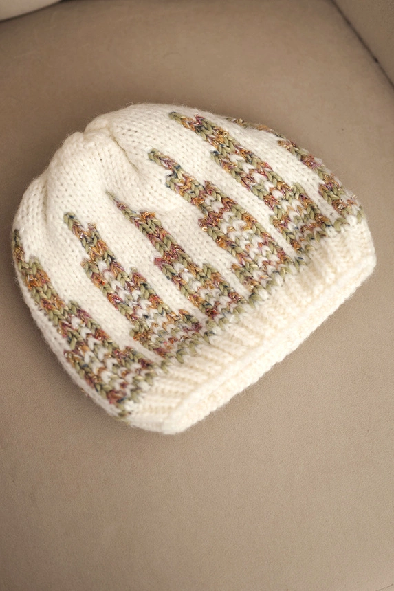Women's winter knitted hat with decorative pattern K454 ecru + green