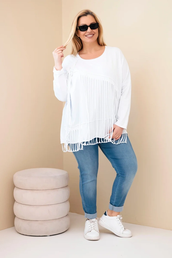 Damenbluse aus Baumwolle Plus Size mit Fransen weiß