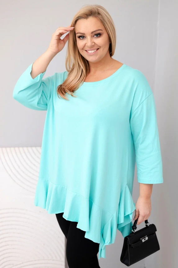 Dámská blůza Plus Size s bavlnou a volánem a ohrnovacími rukávy mátová