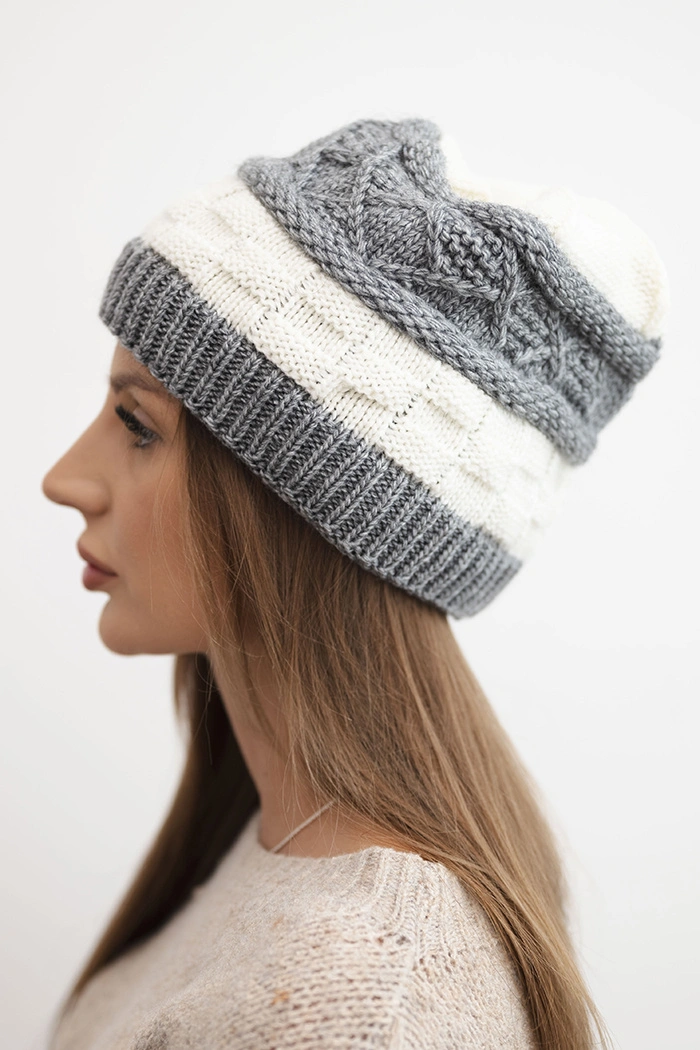 Women's winter wool hat with decorative weave K446 ecru + gray