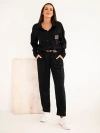 Damen-Set aus Viskose Cord mit Jacke und Hose mit Gürtel schwarz