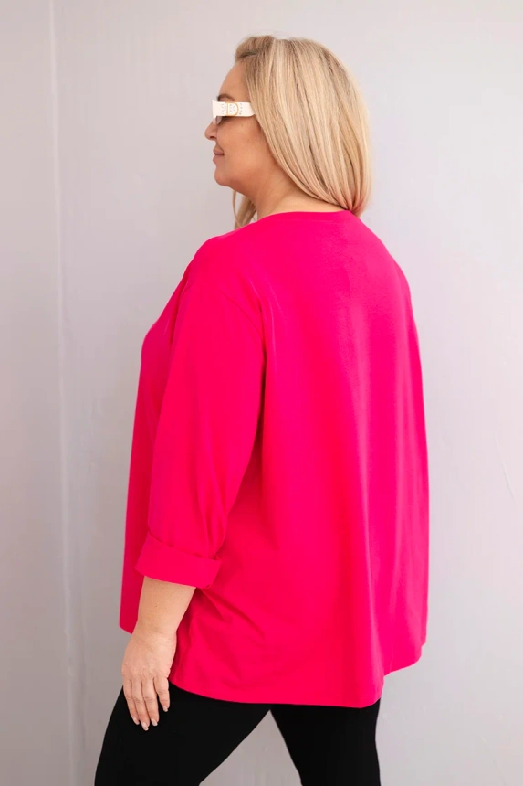 Moteriška plus size marškinėliai su medvilne ilgomis rankovėmis ir raukšlėmis fuksija