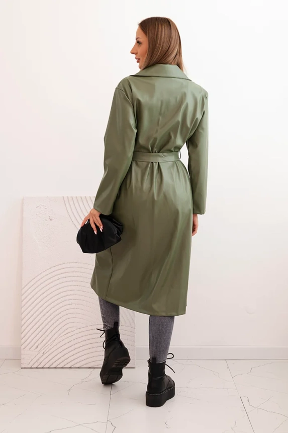 Damen-Trenchcoat aus Kunstleder mit Gürtel und Kragen khaki
