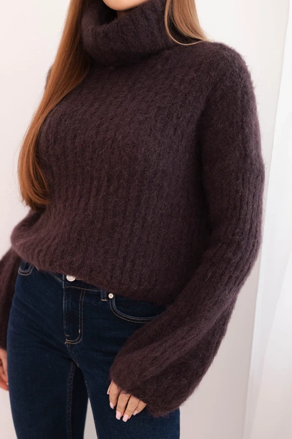 Women's mohair sweater with puff sleeves and a turtleneck brown