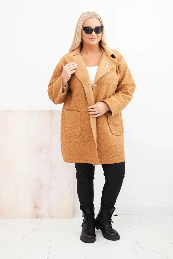 Dámsky kabát Plus Size baranok s vlnou a vreckami camelový