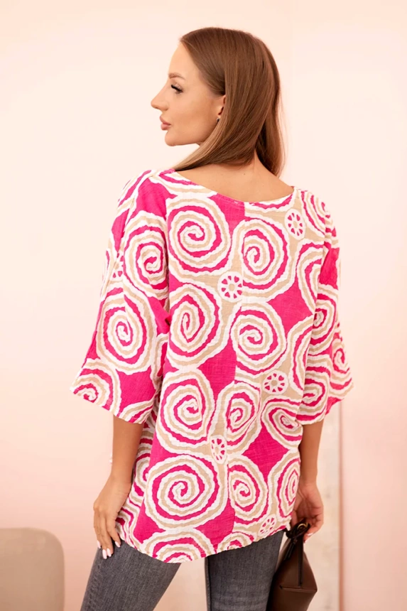 Women's cotton blouse with ethnic patterns and rolled-up sleeves fuchsia