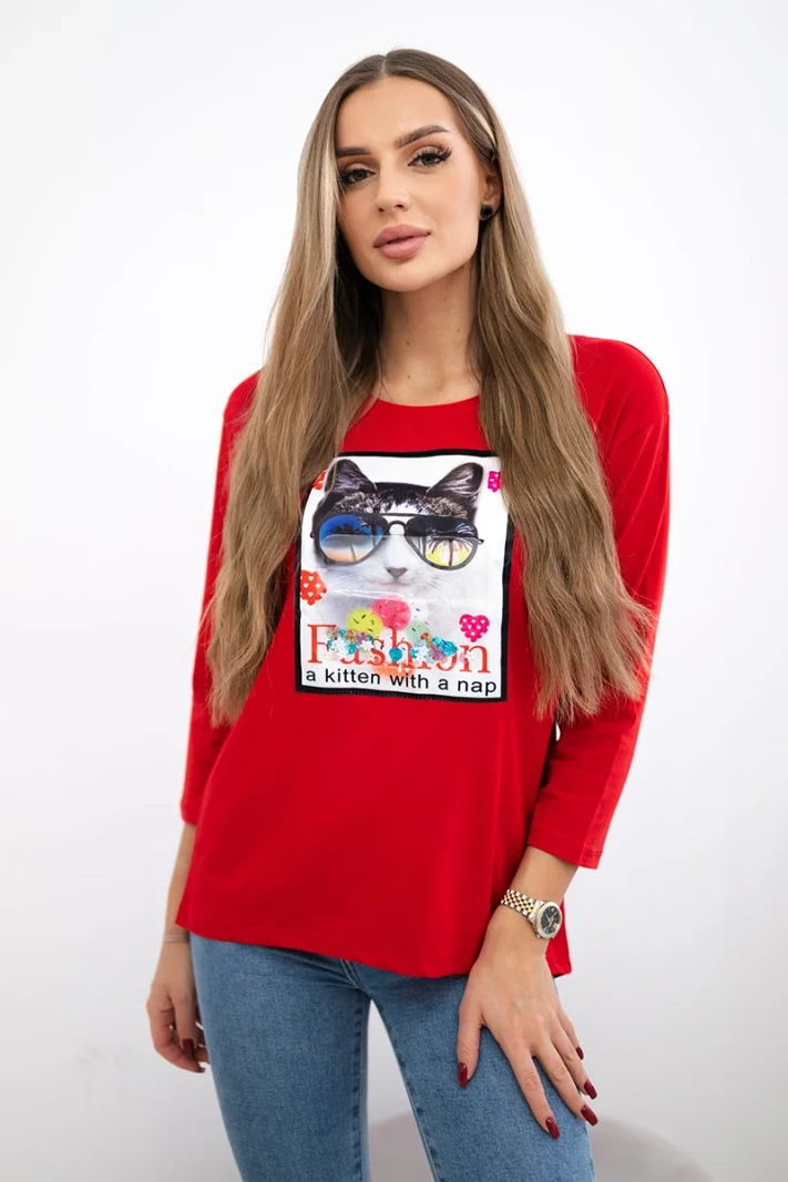 Bluse mit 3D Katzengrafik rot