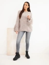 Women’s sweater with fringes on the sleeves and a round neckline dark beige