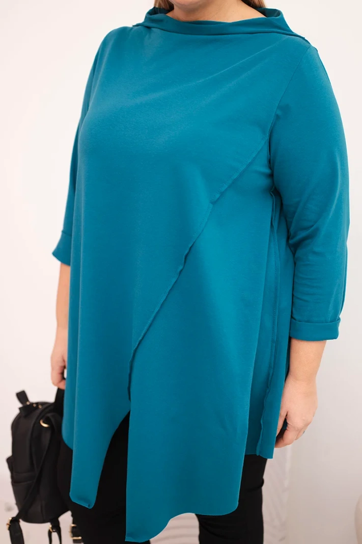 Women's cotton Plus Size asymmetric blouse with rolled sleeves teal