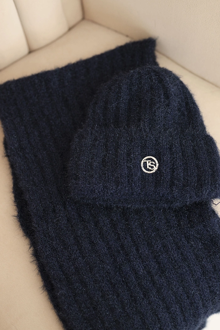 Women's set hat and long scarf made of soft yarn navy blue