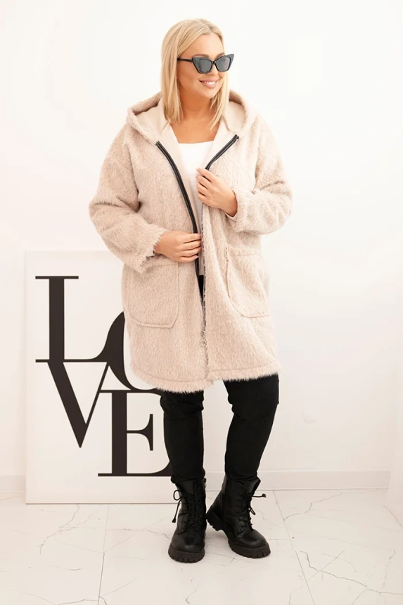 Women's Plus Size viscose coat with zipper and hood beige