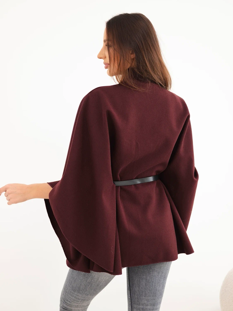 Women's poncho jacket with belt and high collar plum