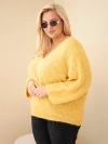Moteriškas megztinis Plus Size su V formos iškirpte ir plačiu rankovu garstyčių spalvos