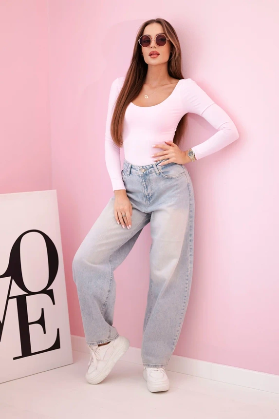 Damen-Bodysuit-Bluse mit langen Ärmeln und tiefem Ausschnitt Bonbon-Rosa