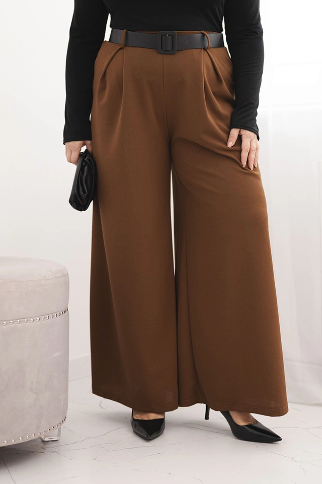 Spodnie damskie Plus Size z szeroką nogawką i paskiem czekoladowe