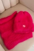 Women's set hat and winter fluffy cowl with decorative emblem fuchsia