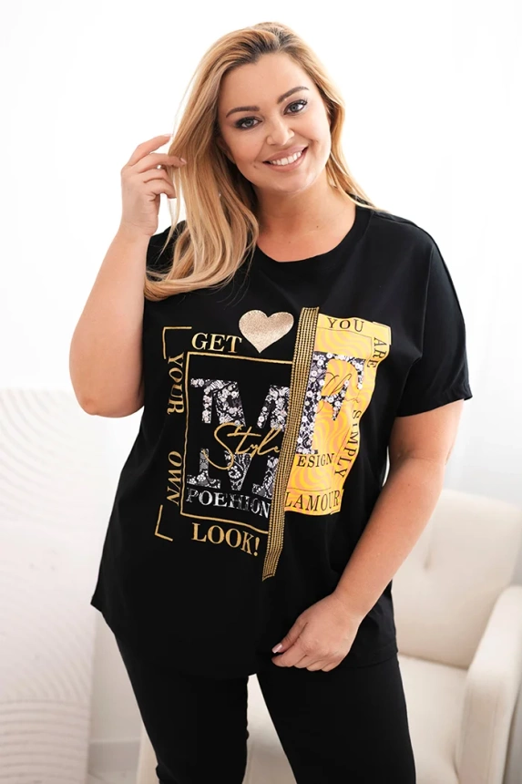 Medvilninė moteriška palaidinė Plus Size su spauda ir blizgučiais juoda + oranžinė