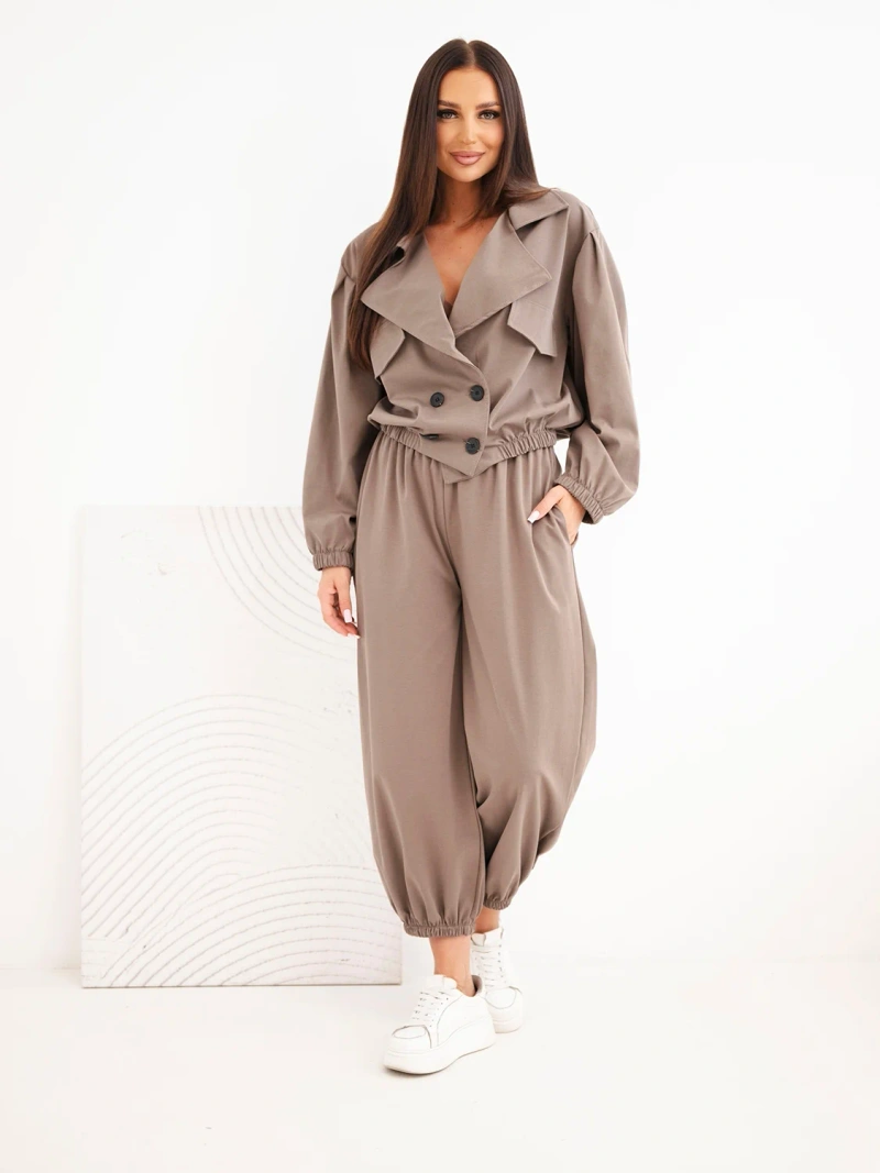 Women's cotton set with collar and jogger pants fango color