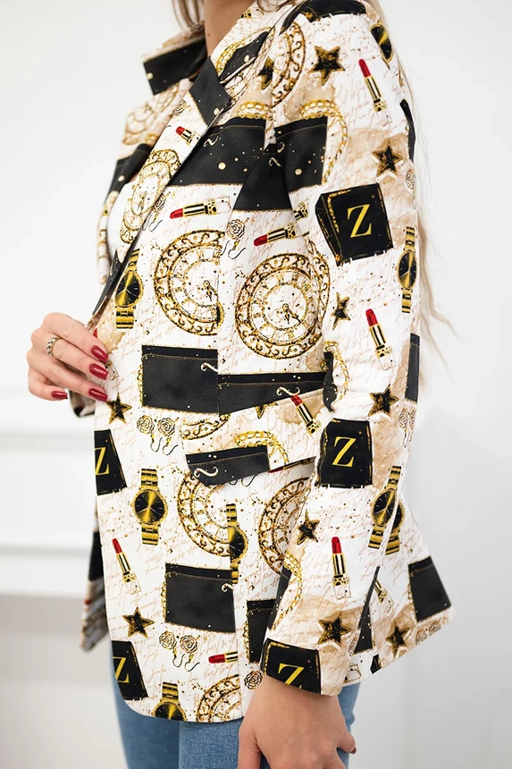 Printed cotton jacket with a button black+ecru