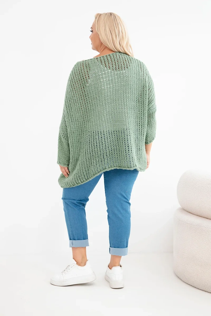 Damen Oversize Lochstrickpullover mit V-Ausschnitt und längerem Rücken khaki