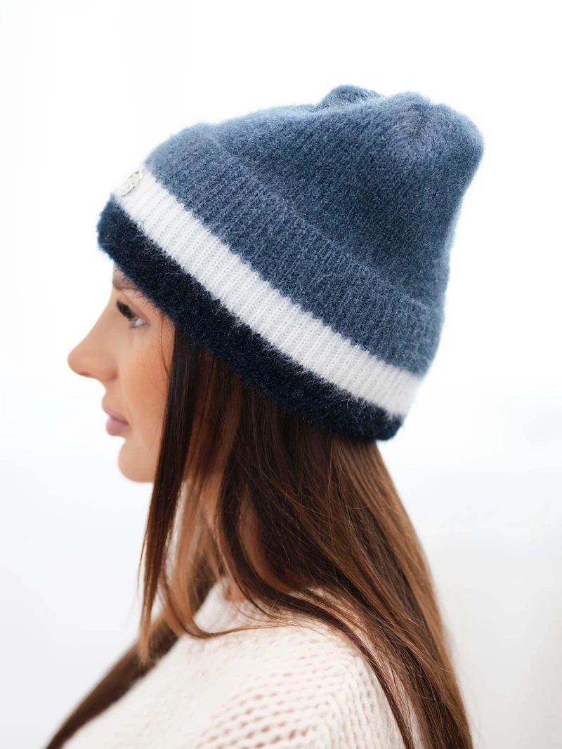 A hat women's beanie ribbed with decoration jeans+navy blue