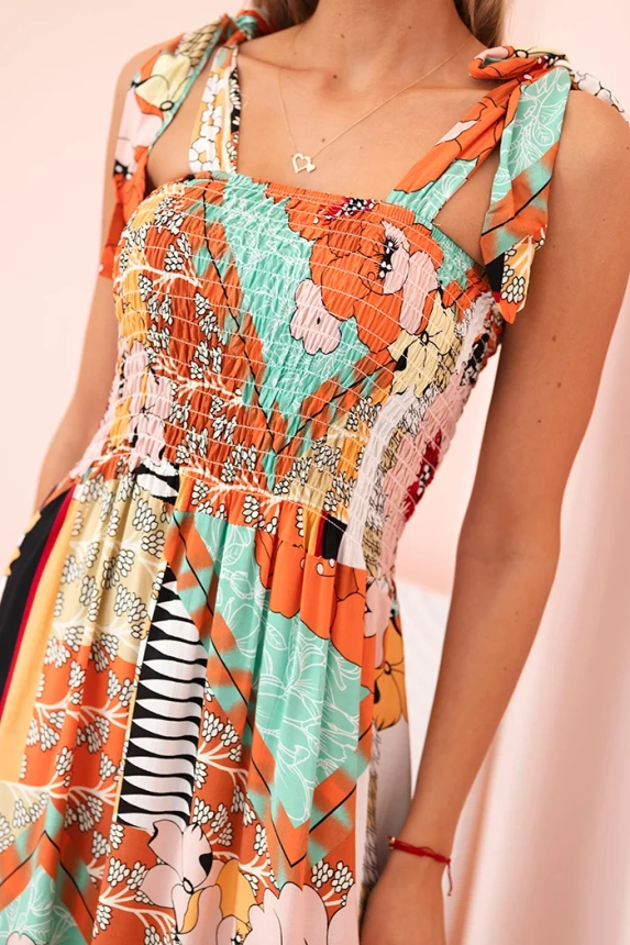 Damen-Baumwollkleid mit Raffung und Blumenmuster minze