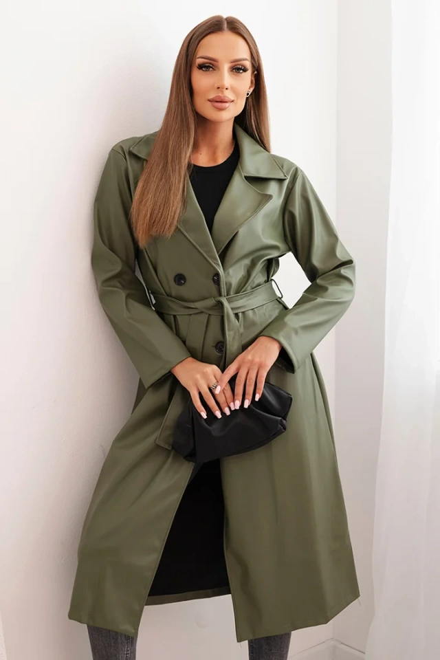 Damen-Trenchcoat aus Kunstleder mit Gürtel und Kragen khaki