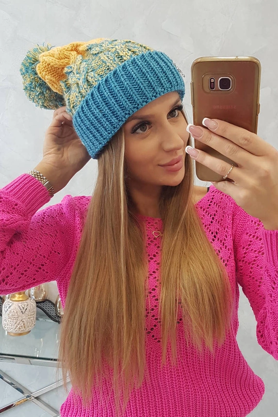 Moteriška kepurė su pomponu Abigail K326 turquoise+yellow