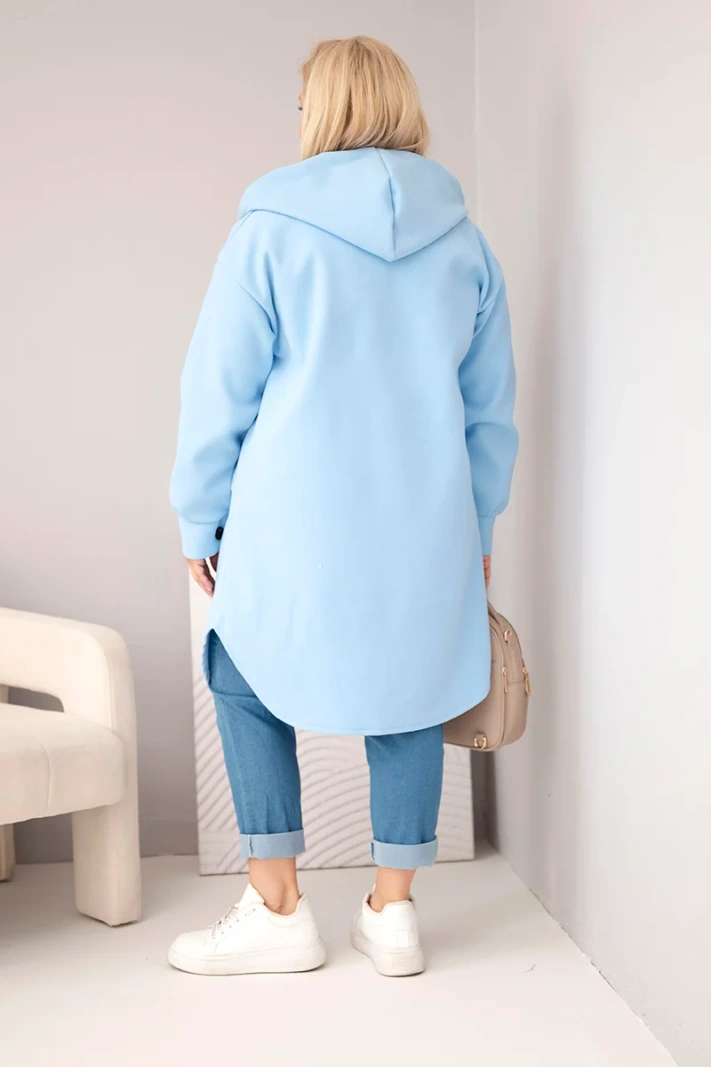 Dámsky kabát Plus Size s kapucňou zapínaný na gombíky modrý